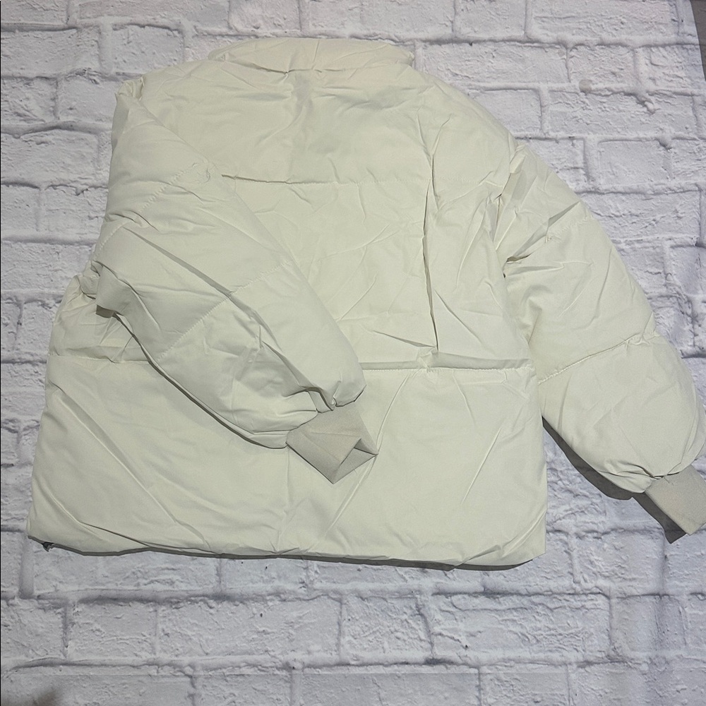 Winter Cream Cropped Puffer Jacket With a Stand up Collar. - Picture 3 of 8